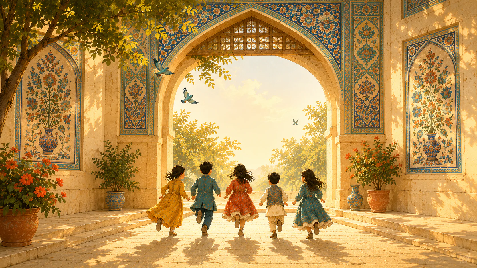 Children entering a Persian garden